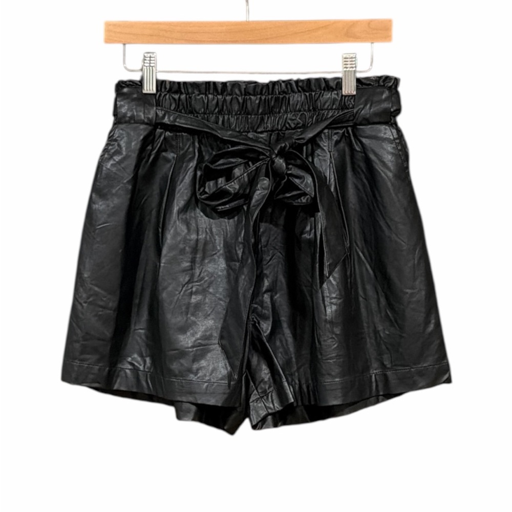 ODDY‎ High Waisted Tie Front Paper Bag Faux Leather Shorts Black Size Large NWT